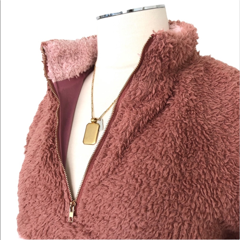 JOURNEY FIVE Women’s Colorblock 1/4 Gold Zip Teddy Pullover Blush Pink Sz M - Picture 2 of 9